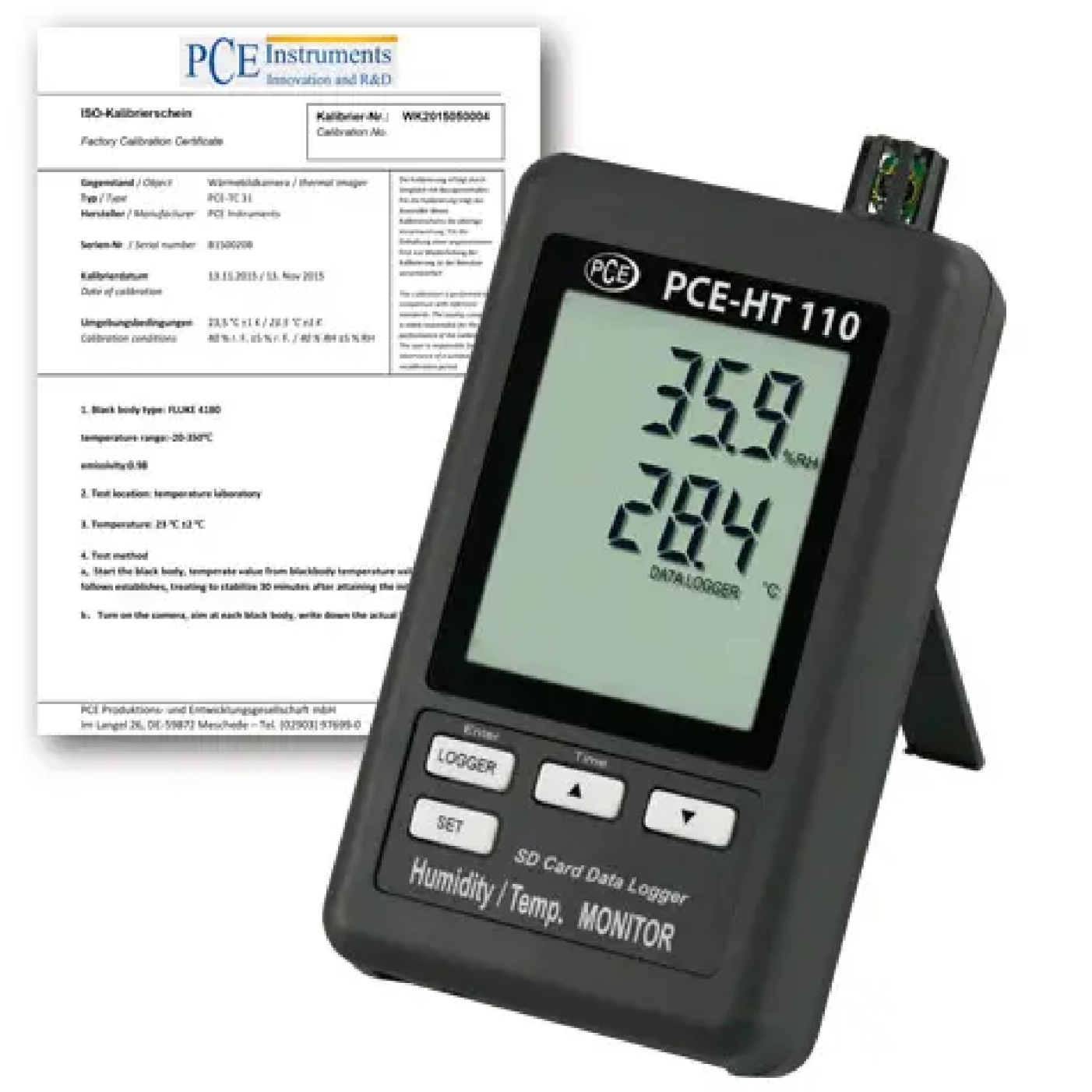 Máy đo chất lượng không khí PCE PCE-HT110-ICA bao gồm Giấy chứng nhận hiệu chuẩn ISO