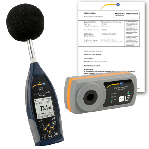 Máy đo SPL loại 2 PCE PCE-428-Kit-N-ICA có bộ hiệu chuẩn âm thanh bao gồm chứng nhận ISO Cal