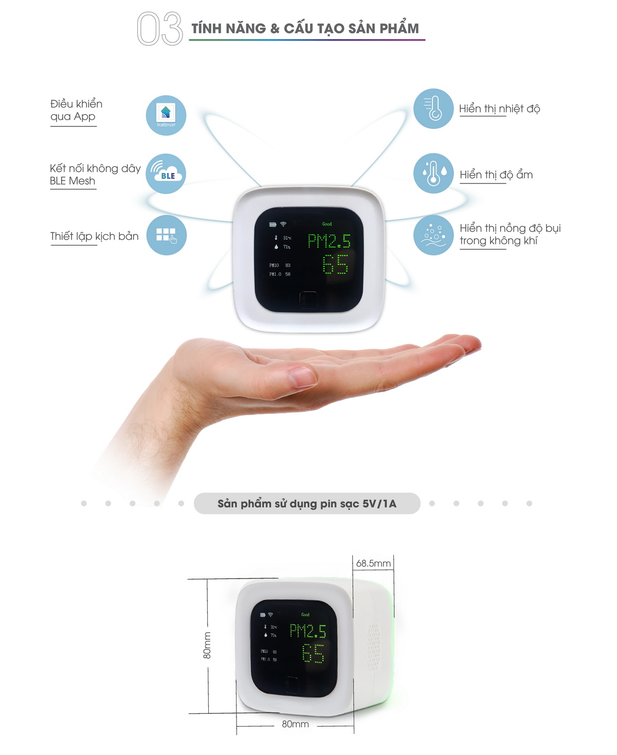 Cảm biến bụi mịn Rạng Đông CB05.PM2.5.BLE Cảm biến bụi mịn Rạng Đông CB05.PM2.5.BLE