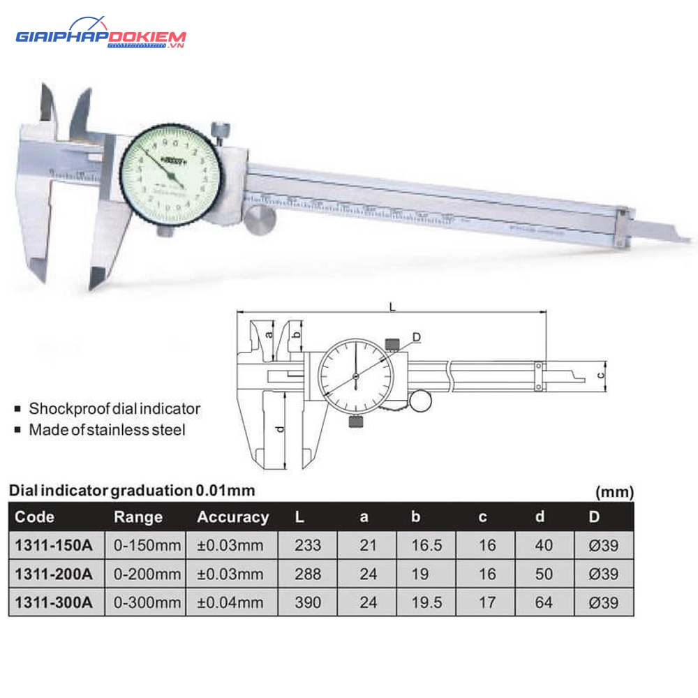 Thước cặp đồng hồ INSIZE 1311-200A (0-200mm / 0.01mm) 5 Thước cặp đồng hồ INSIZE 1311-200A (0-200mm / 0.01mm)