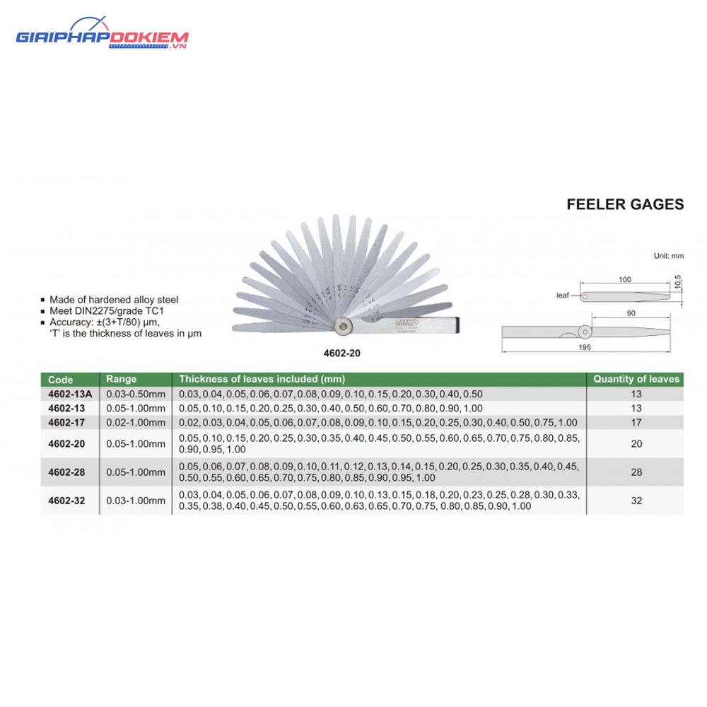 Căn lá INSIZE 4602-13 (0.05-1.00 mm) 3 Bộ căn lá INSIZE 4602-28 (0.05-1mm)