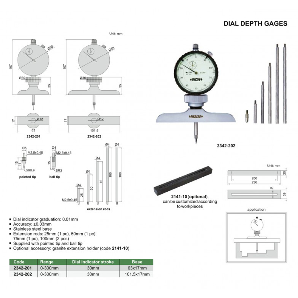 Thước đo chiều sâu cơ khí INSIZE 2342-201 4 Thước đo chiều sâu cơ khí INSIZE 2342-201