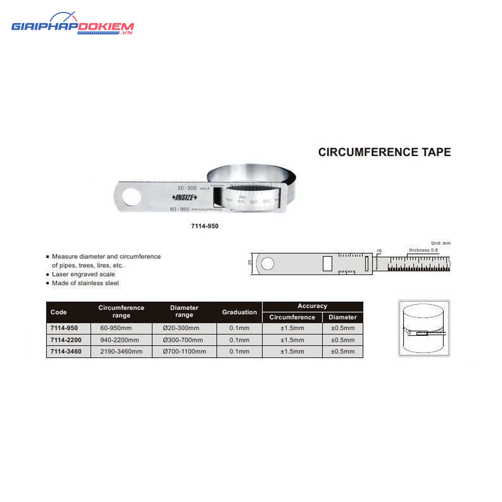 Thước đo đường kính và chu vi Insize 7114-950 (60~950mm) 3 Thước đo đường kính và chu vi Insize 7114-950 (60~950mm)