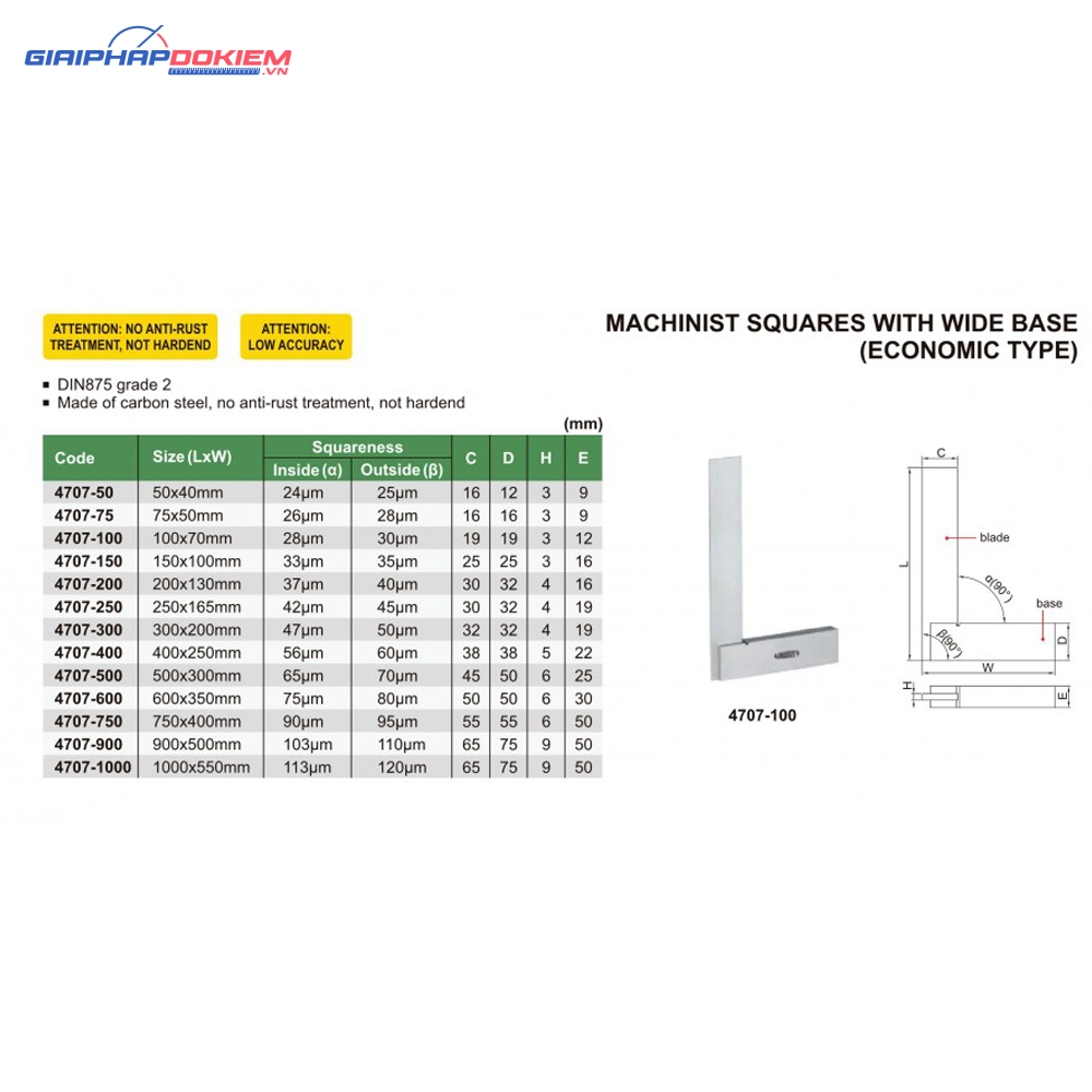 Thước ke vuông INSIZE 4707-300 4 Thước đo góc vuông đế rộng INSIZE 4707-75 (75x50mm)
