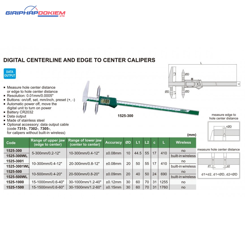 Thước đo khoảng cách lỗ/cạnh tới lỗ điện tử INSIZE 1525-300 3 Thước đo khoảng cách lỗ/cạnh tới lỗ điện tử INSIZE 1525-300 - Ảnh 2