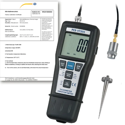 Máy đo gia tốc PCE PCE-VT 204-ICA bao gồm Giấy chứng nhận hiệu chuẩn ISO