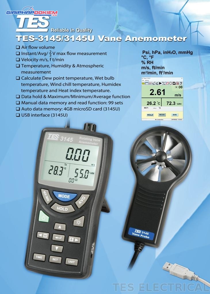 Máy đo tốc độ gió TES 3145U 7 Máy đo tốc độ gió TES 3145U - Ảnh 3