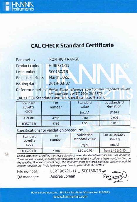Dung Dịch CAL Check™ Chuẩn Sắt Thang Cao Dùng Cho Máy HI96721 Hanna HI96721-11 2 Dung Dịch CAL Check™ Chuẩn Sắt Thang Cao Dùng Cho Máy HI96721 Hanna HI96721-11 - Ảnh 2