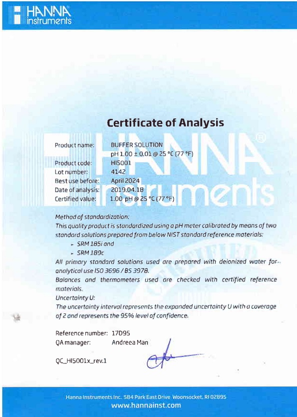 Dung Dịch Chuẩn pH 1.00, 500 mL Hanna HI5001 2 Dung Dịch Chuẩn pH 1.00, 500 mL Hanna HI5001 - Ảnh 2