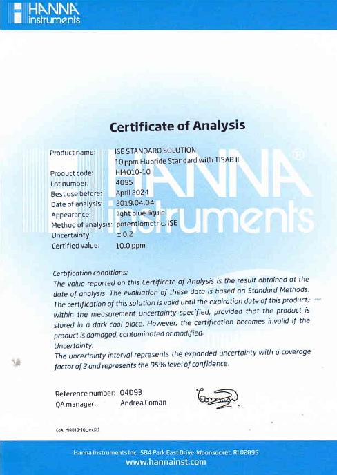 Dung Dịch Hiệu Chuẩn Floride 10ppm Có TISAB II, 500 mL Hanna HI4010-10 2 Dung Dịch Hiệu Chuẩn Floride 10ppm Có TISAB II, 500 mL Hanna HI4010-10 - Ảnh 2
