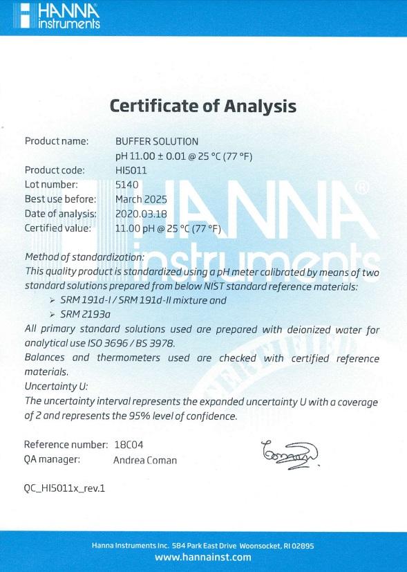 Dung Dịch Hiệu Chuẩn pH 11.00, 500 mL Hanna HI5011 2 Dung Dịch Hiệu Chuẩn pH 11.00, 500 mL Hanna HI5011 - Ảnh 2
