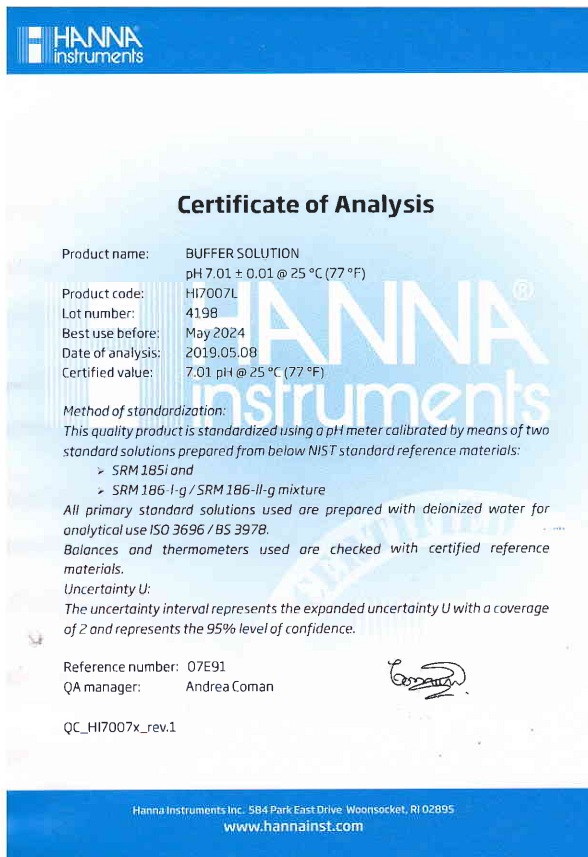 Dung Dịch Hiệu Chuẩn pH 7.01, Chai 500mL Hanna HI7007L 2 Dung Dịch Hiệu Chuẩn pH 7.01, Chai 500mL Hanna HI7007L - Ảnh 2